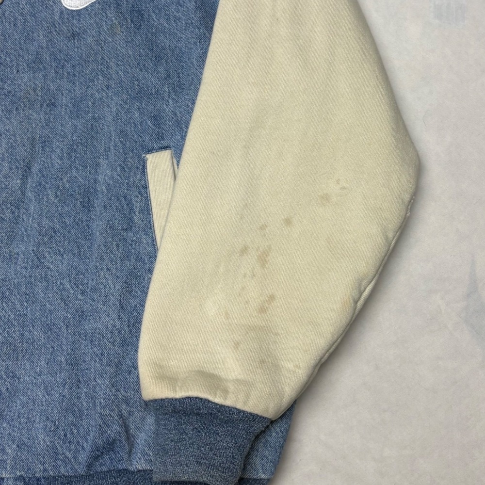 Vintage Nike Denim Varsity Jacket Blue Cream Mens Large Snap Front 90s Sport - Picture 5 of 7